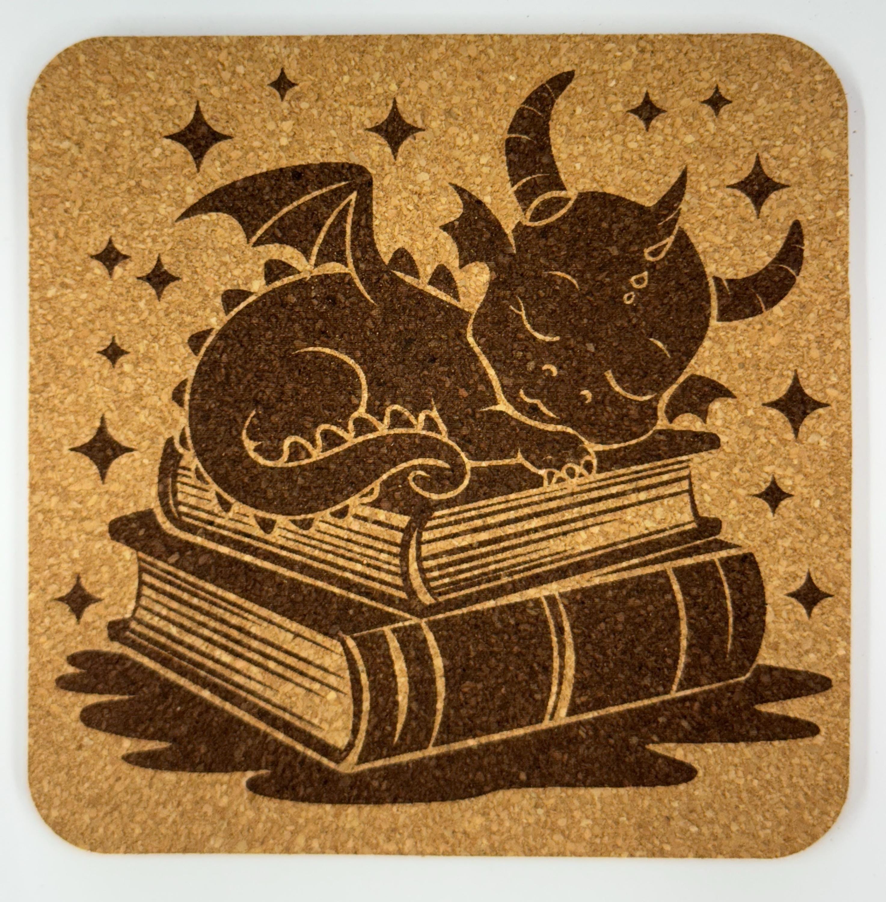 Sleeping Baby Dragon on Books – Cute Fantasy Cork Coaster