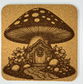 Giant Mushroom Fairy House Cork Coaster – Laser Engraved Woodland Fantasy Decor