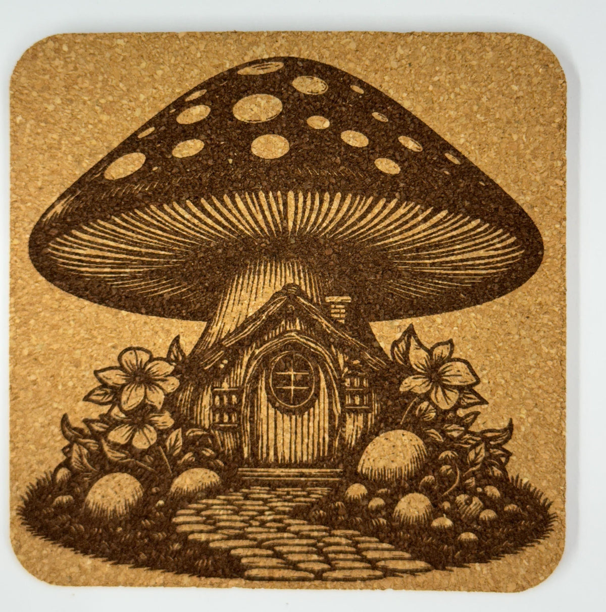 Giant Mushroom Fairy House Cork Coaster – Laser Engraved Woodland Fantasy Decor