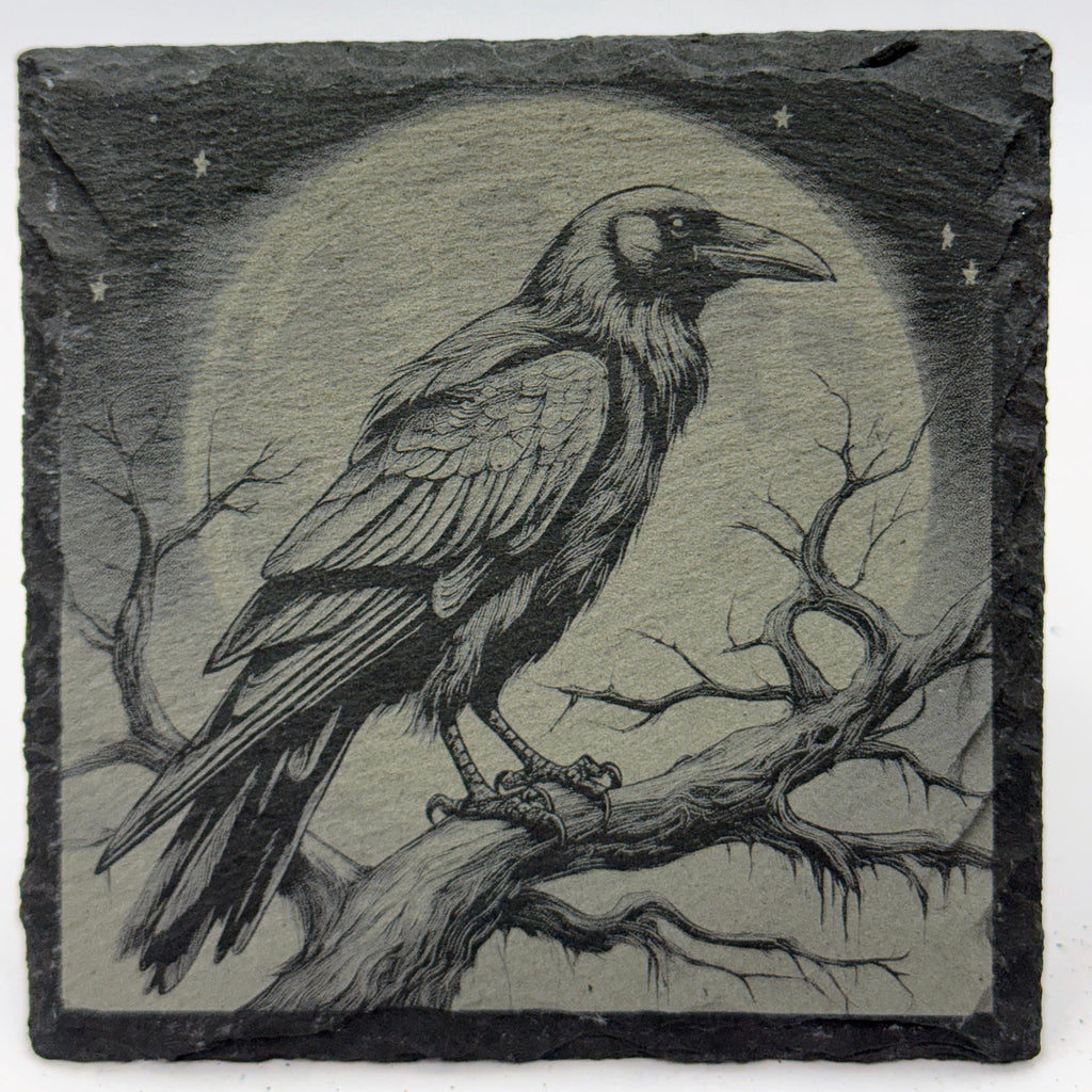 Raven on Twisted Branch – Laser Engraved Slate Coaster