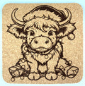 Festive Highland Cow Cork Coaster – Christmas Lights Holiday Art