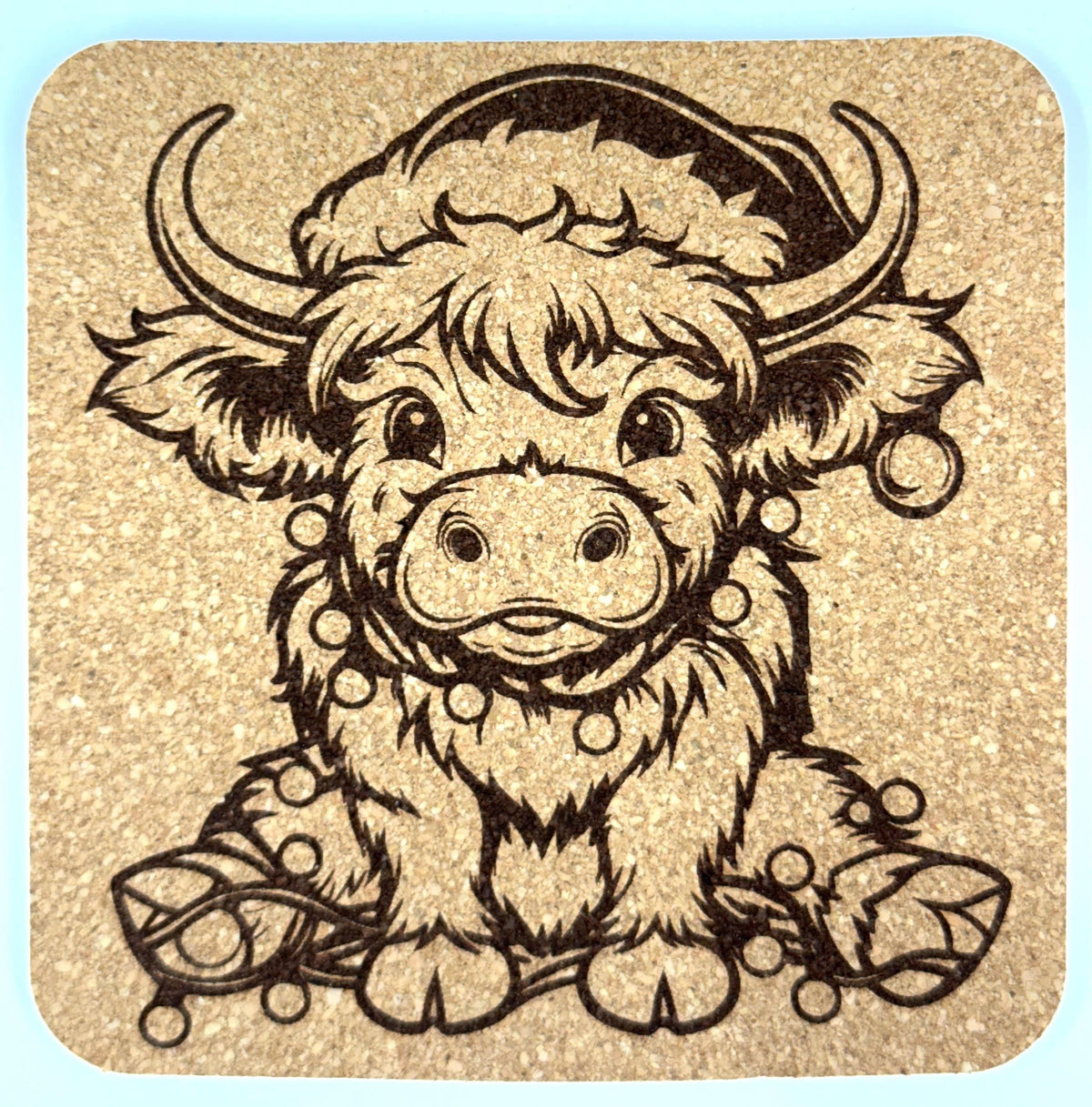 Festive Highland Cow Cork Coaster – Christmas Lights Holiday Art