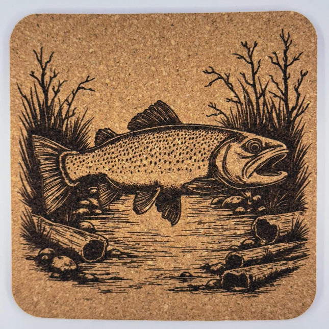 Vintage Trout Stream Scene – Laser Engraved Cork Coaster