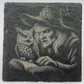 Witch Studying with Owl Familiar – Laser Engraved Slate Coaster