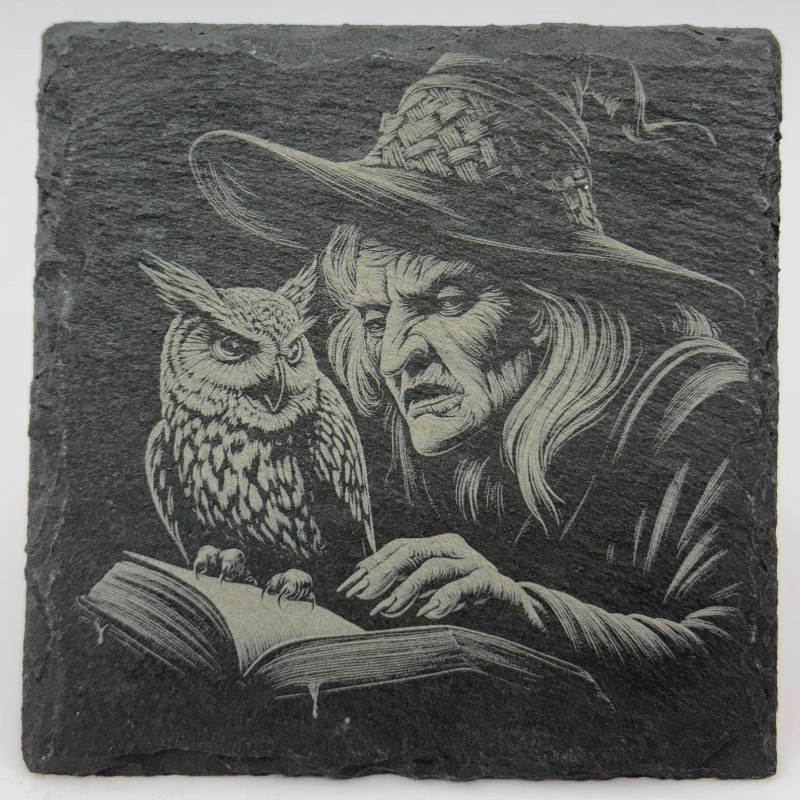 Witch Studying with Owl Familiar – Laser Engraved Slate Coaster