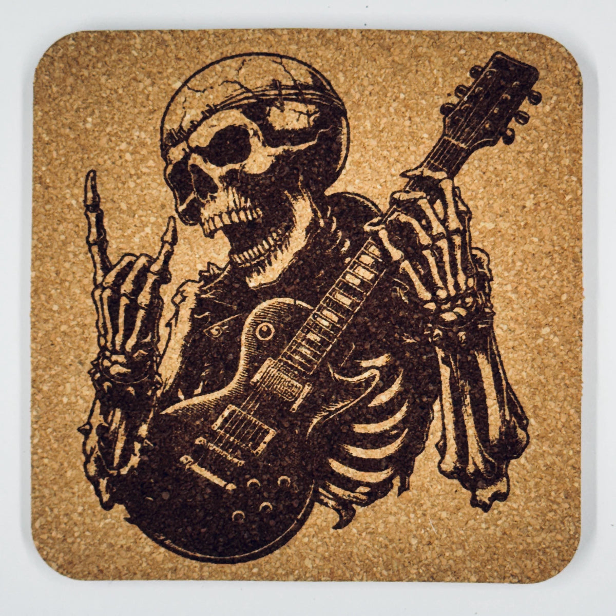 Rock On Skeleton Guitar Cork Coaster – Music Skull Bar Decor