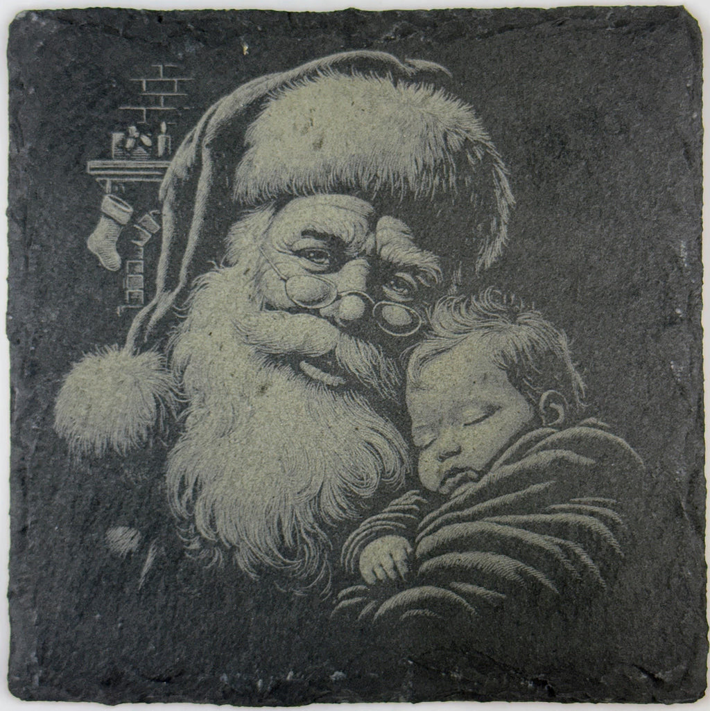 Vintage Santa Holding Child Slate Coaster – Heartwarming Classic Christmas