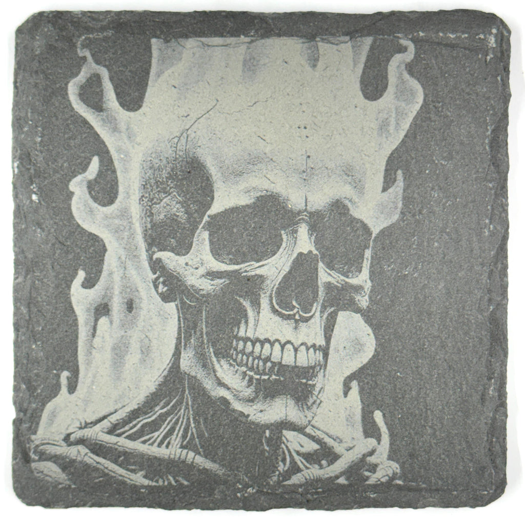 Flaming Skeleton Skull Slate Coaster – Dark Gothic Skull Art