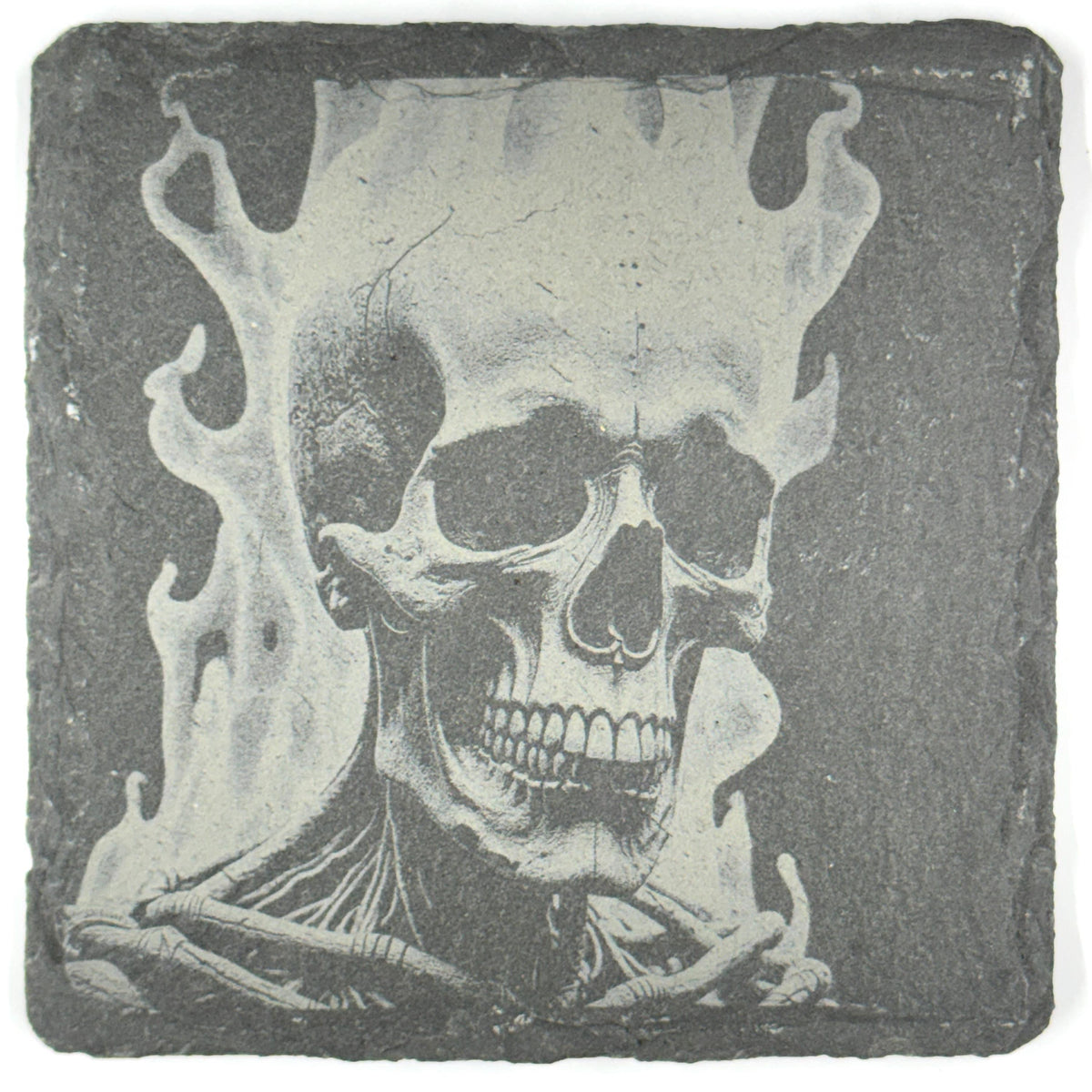 Flaming Skeleton Skull Slate Coaster – Dark Gothic Skull Art