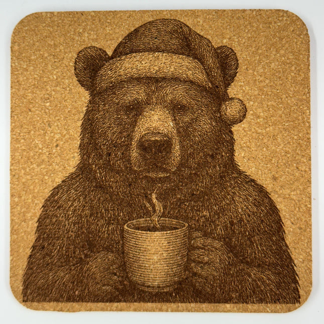 Sleepy Bear with Coffee – Cozy Holiday Cork Coaster