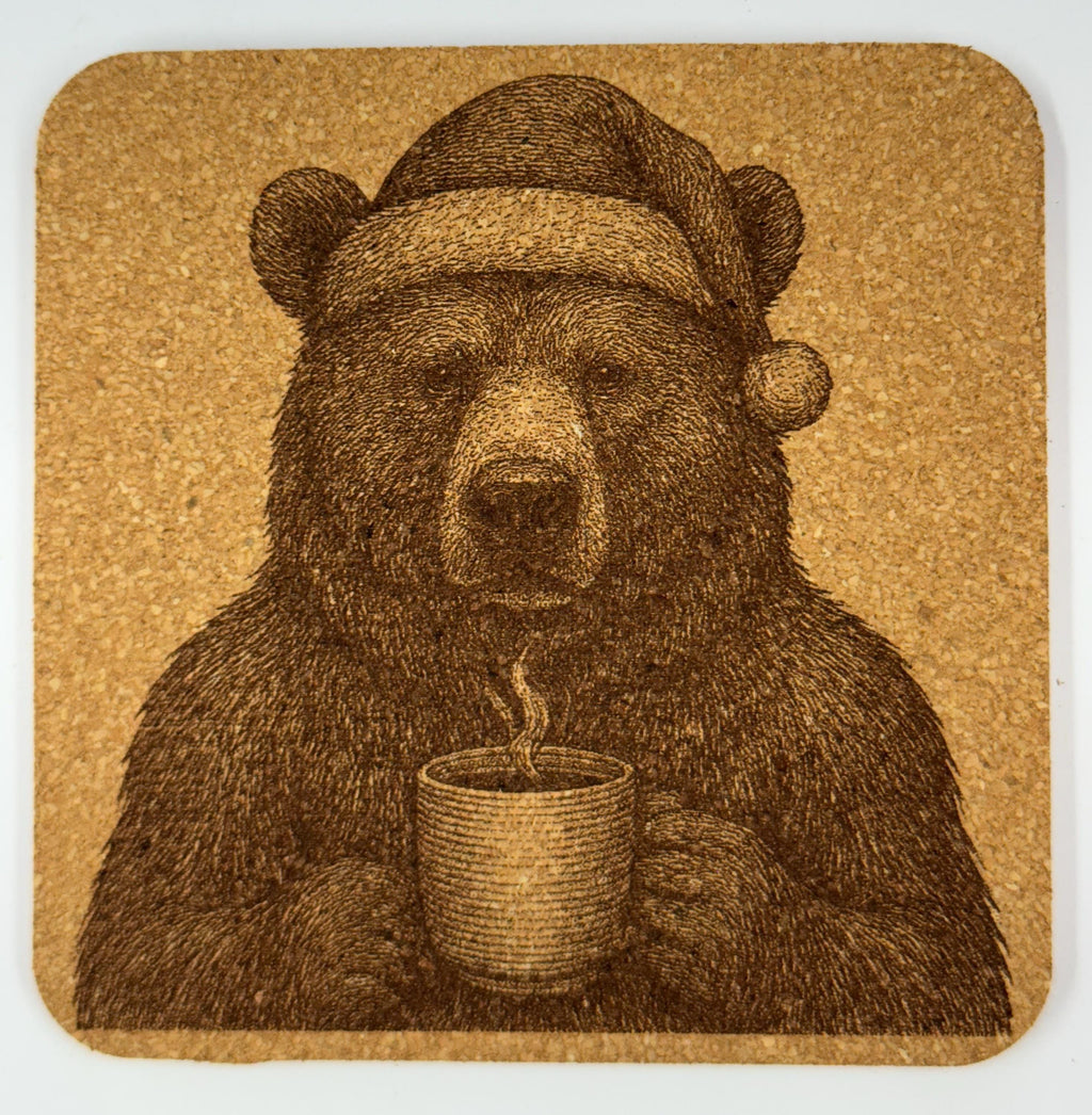 Sleepy Bear with Coffee – Cozy Holiday Cork Coaster