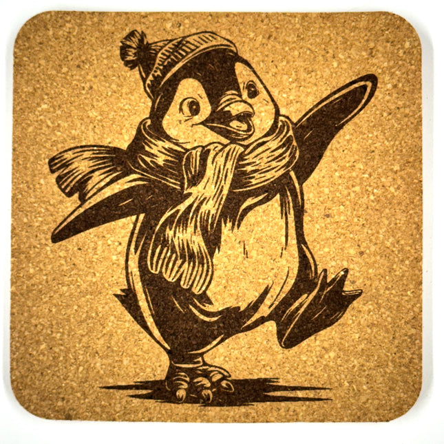 Happy Winter Penguin Cork Coaster – Scarf and Hat Cute Animal Bar Decor