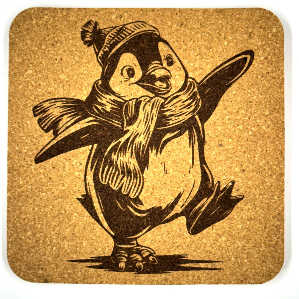 Happy Winter Penguin Cork Coaster – Scarf and Hat Cute Animal Bar Decor