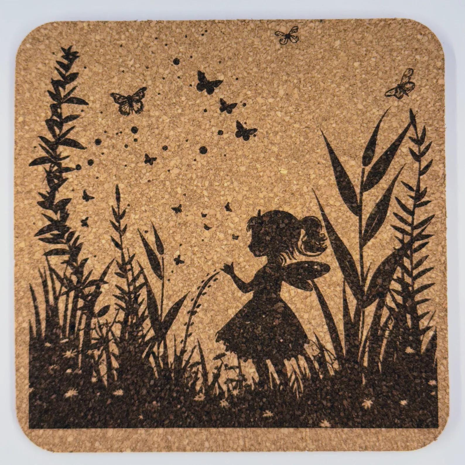 Woodland Pixie Butterfly Garden Coaster – Fairy Silhouette Cork Coaster