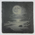 Moonlit Rocky Beach Slate Coaster – Full Moon Ocean Night Engraved Stone Coaster