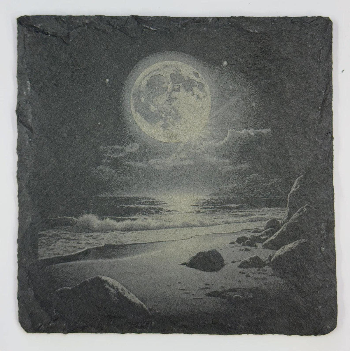 Moonlit Rocky Beach Slate Coaster – Full Moon Ocean Night Engraved Stone Coaster