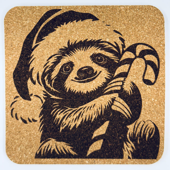 Christmas Sloth Cork Coaster – Candy Cane Holiday Sloth