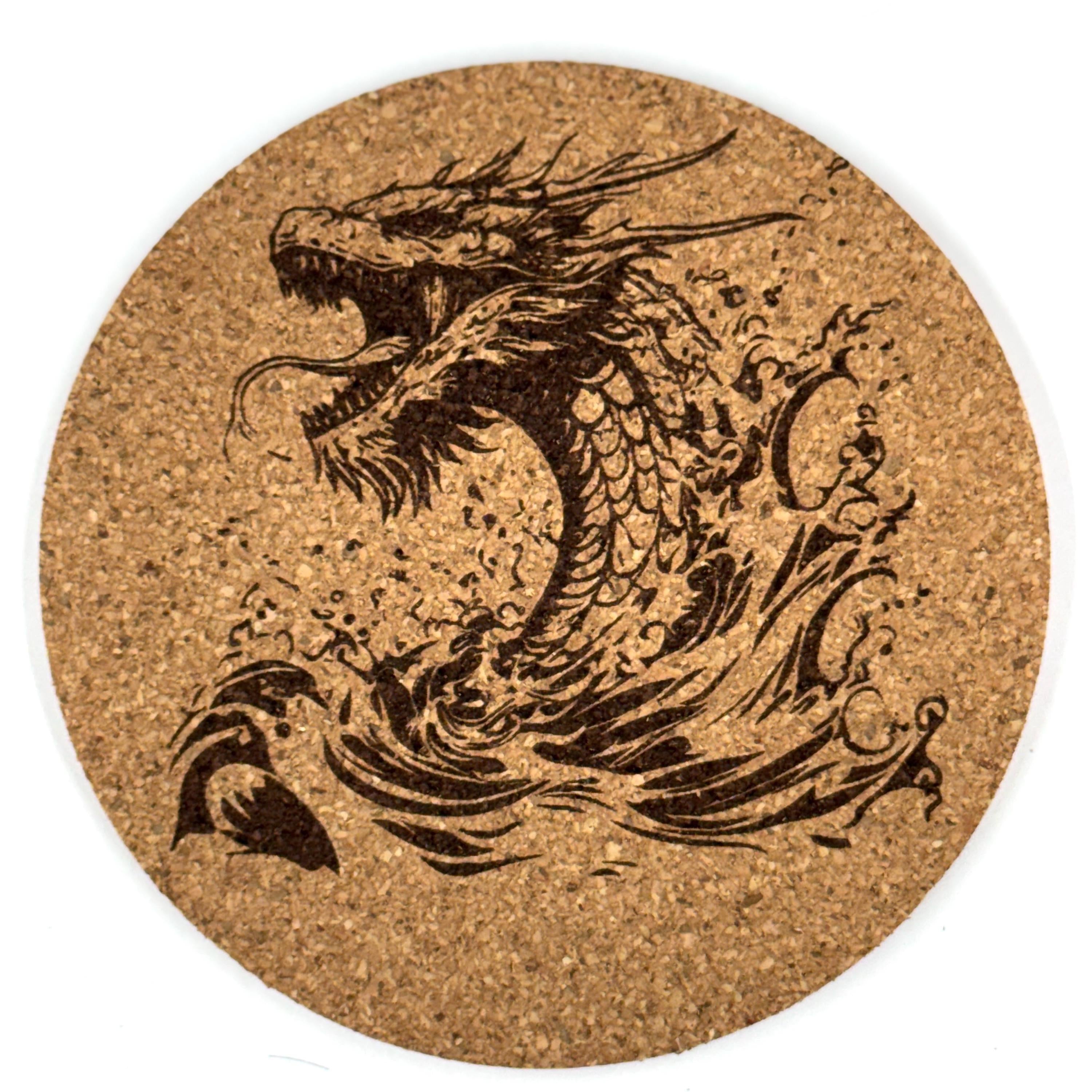 Storm Surge Dragon Round Cork Coaster – Elemental Dragon Art