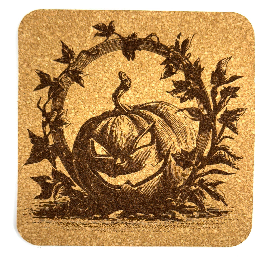 Evil Jack O Lantern Spooky Halloween Cork Coaster – Gothic Pumpkin Bar Decor