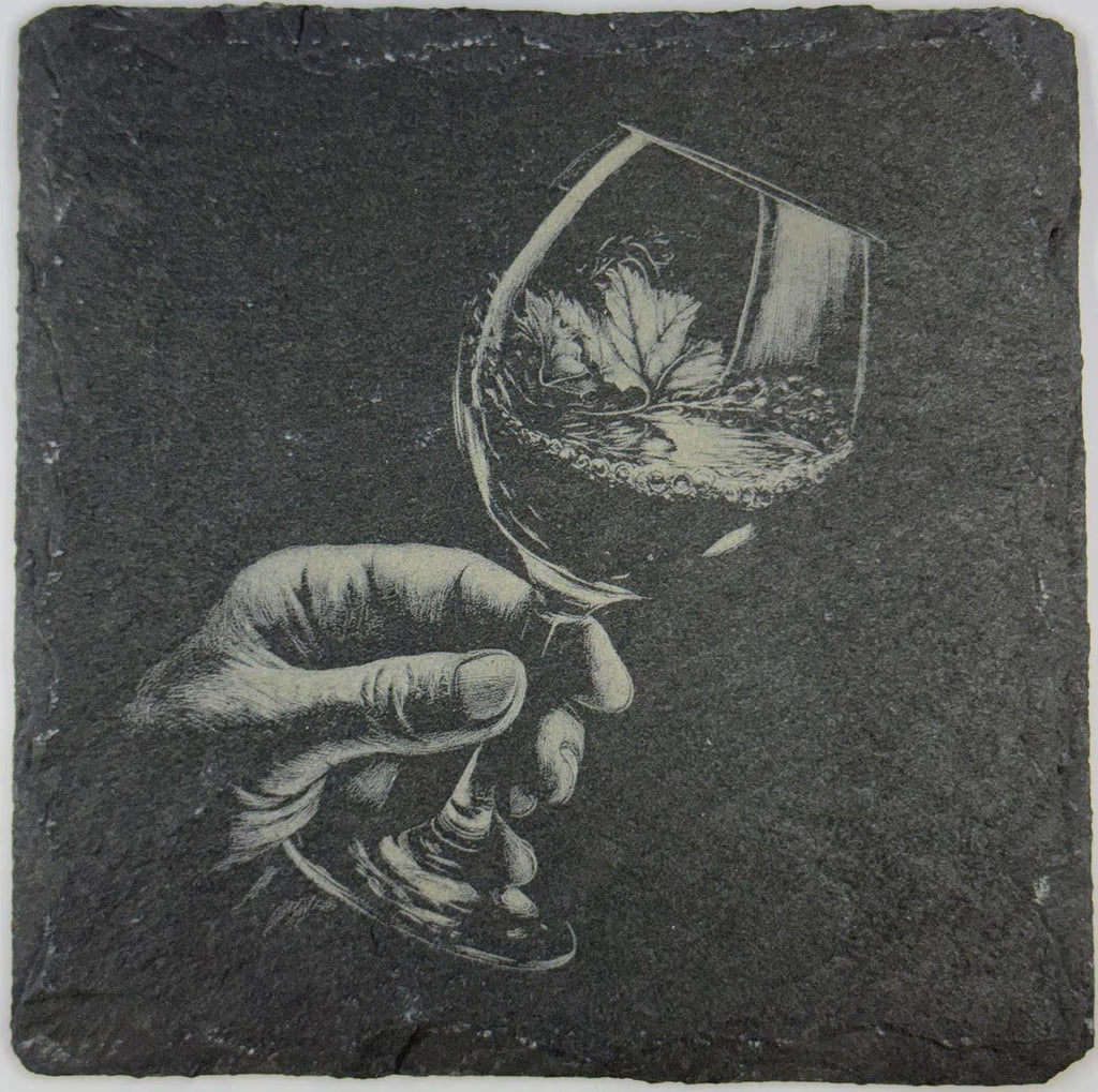 Hand Holding Wine Glass with Grape Leaf – Classic Slate Coaster