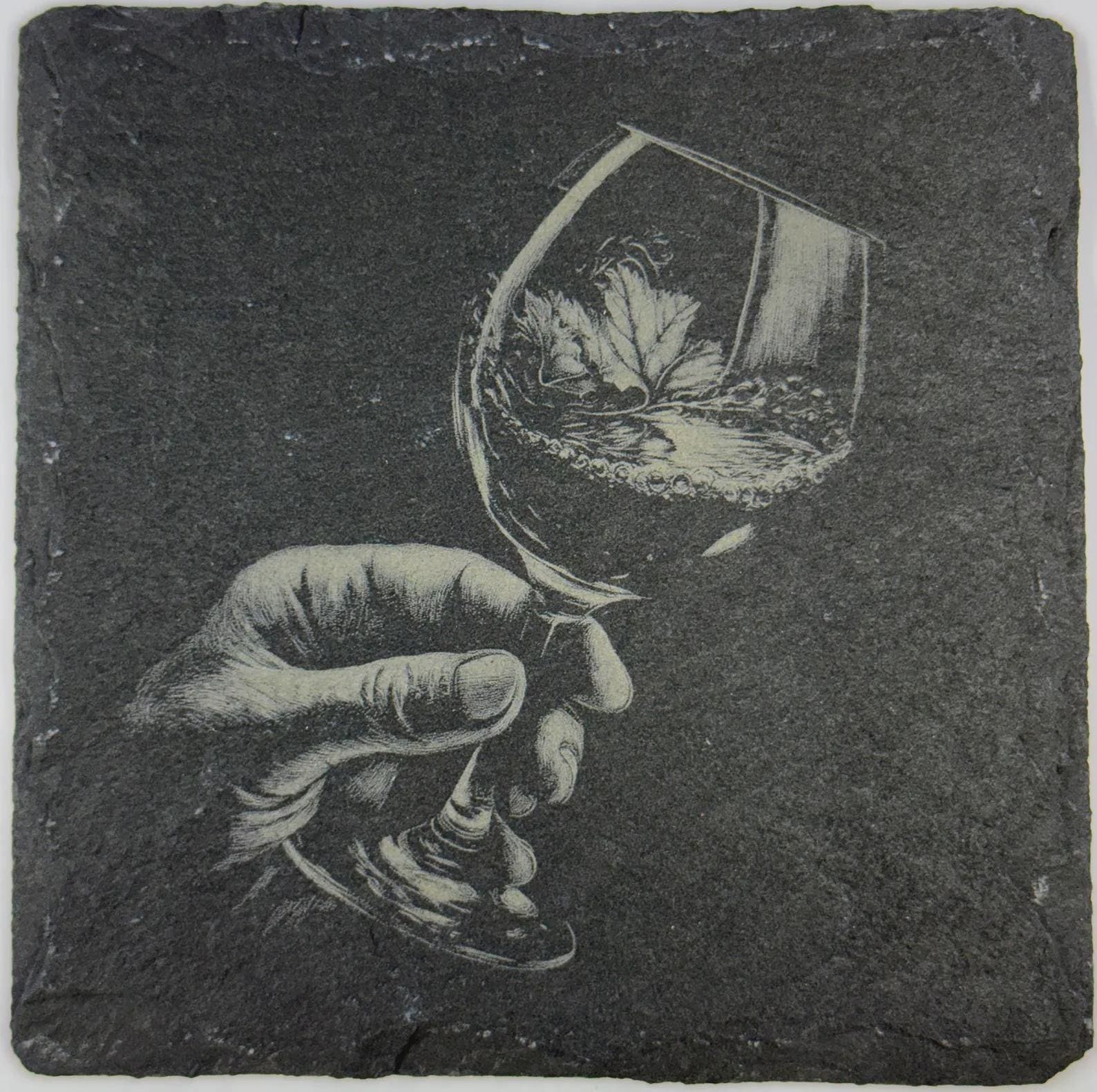 Hand Holding Wine Glass with Grape Leaf – Classic Slate Coaster