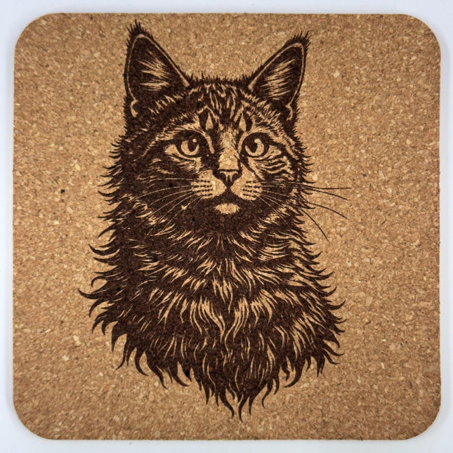 Long-Haired Cat Portrait – Vintage Style Cork Coaster