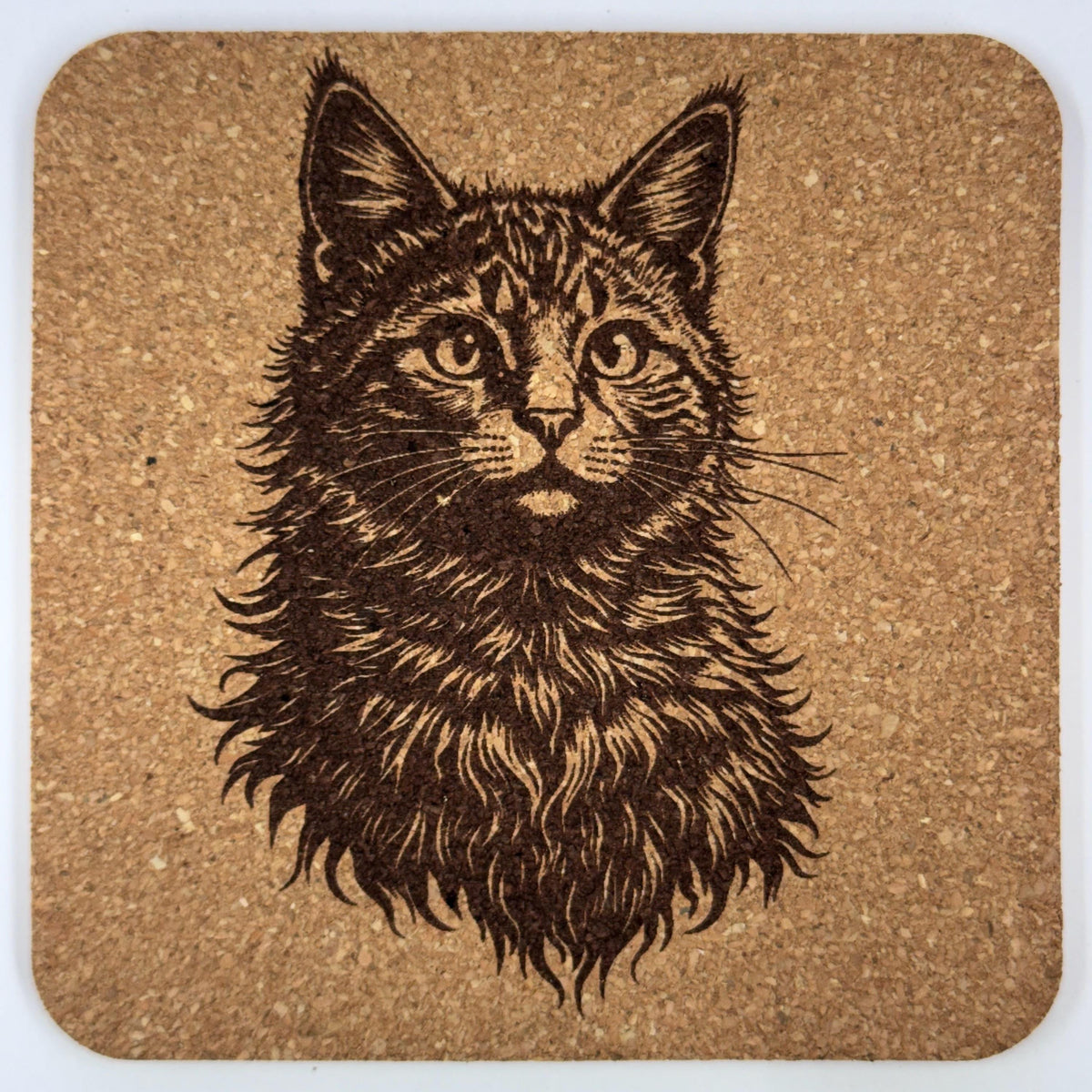 Long-Haired Cat Portrait – Vintage Style Cork Coaster