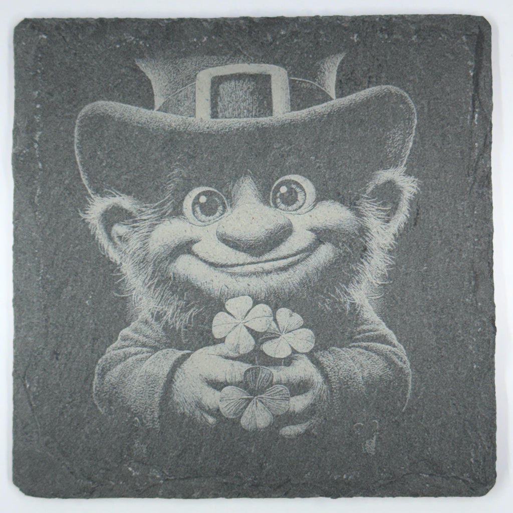 Cute Leprechaun Holding Lucky Clovers Slate Coaster