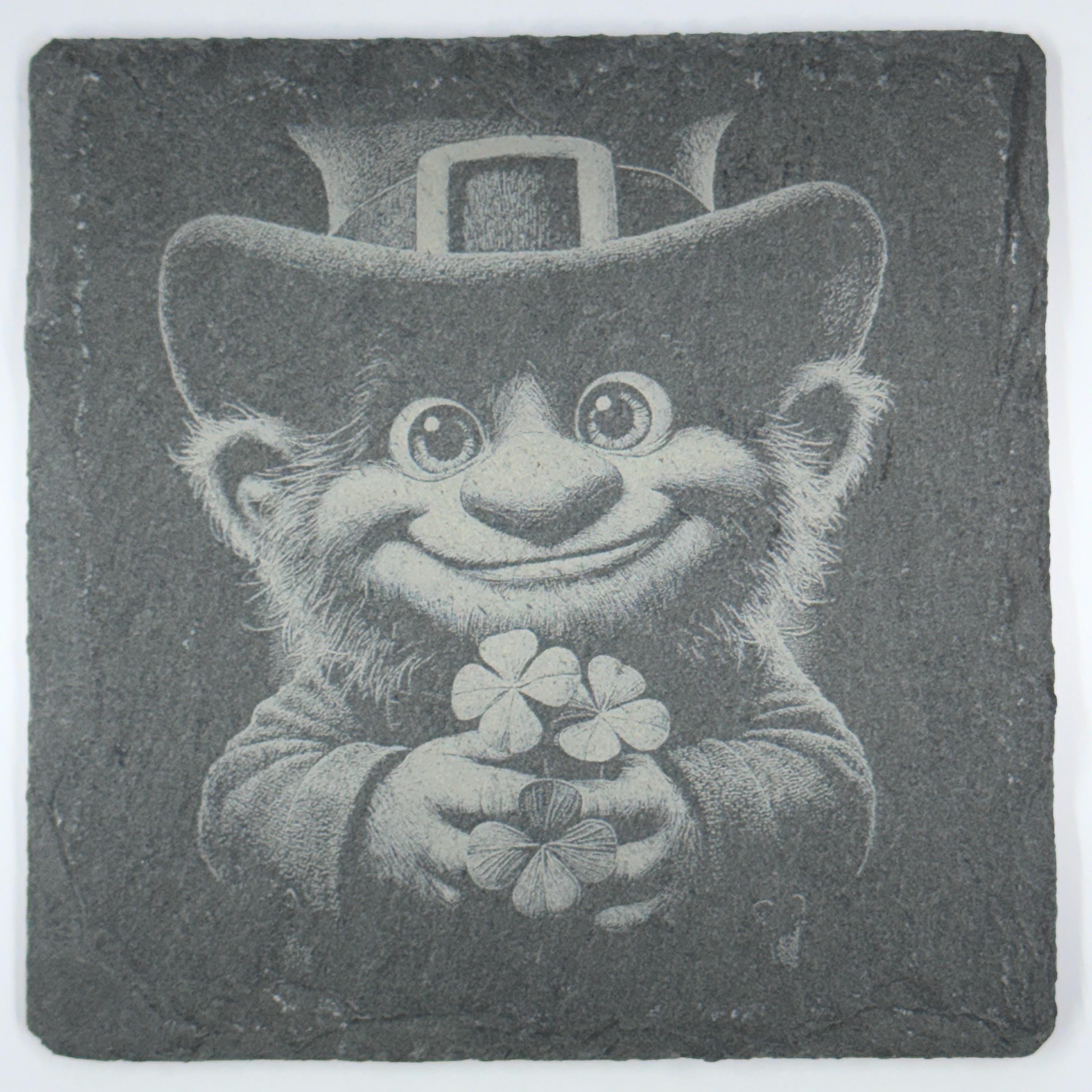 Cute Leprechaun Holding Lucky Clovers Slate Coaster