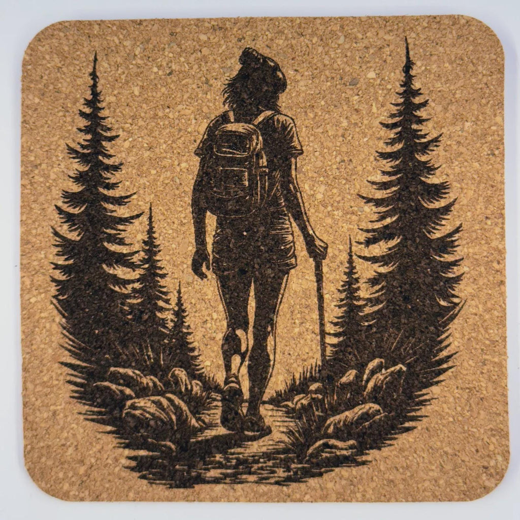 Lone Woman Hiking Nature Trail Cork Coaster – Rustic Outdoor Decor