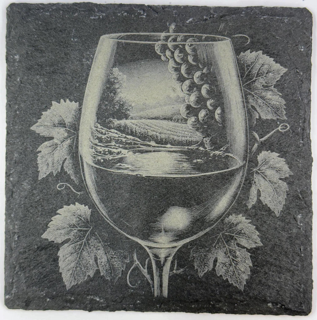 Vineyard Landscape in Wine Glass with Grapes – Elegant Slate Coaster