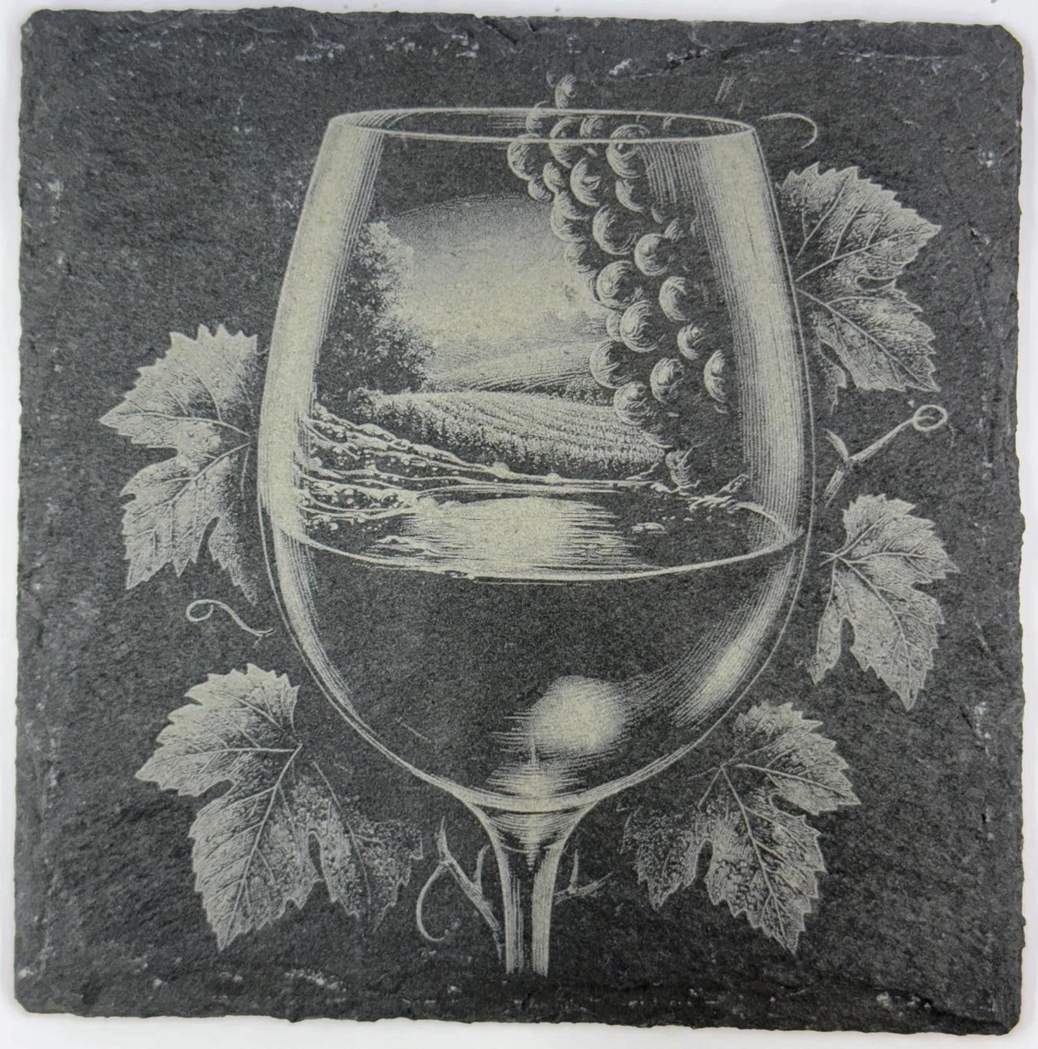 Vineyard Landscape in Wine Glass with Grapes – Elegant Slate Coaster