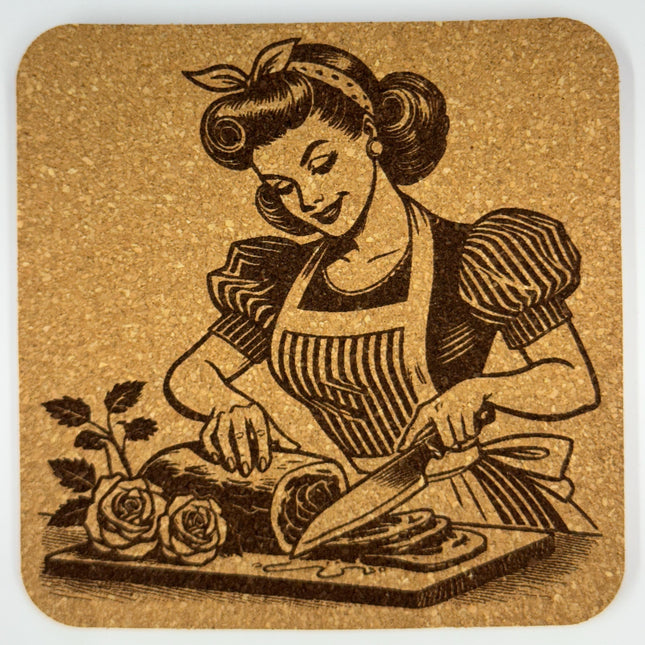 Retro Woman Chopping Vegetables – Vintage Kitchen Cork Coaster