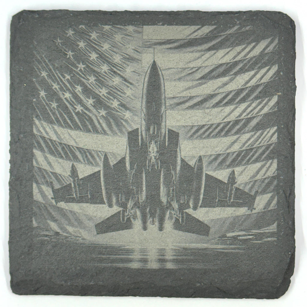 Patriotic Fighter Jet Slate Coaster – American Flag Aviation Engraved Drink Coaster
