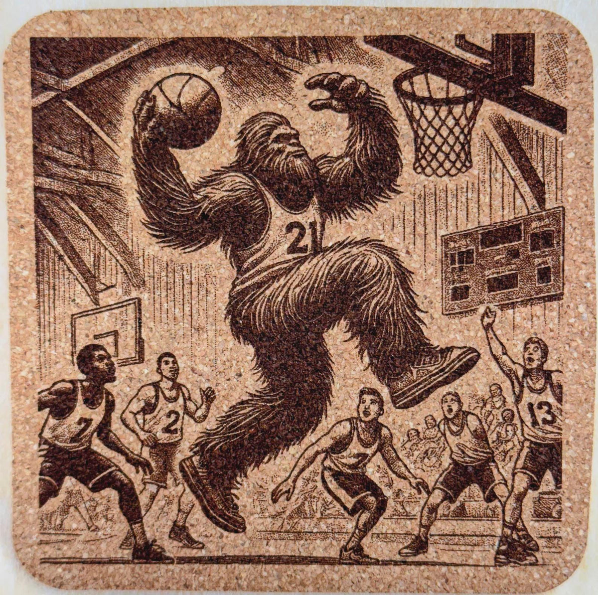 Bigfoot Basketball Cork Coaster – Slam Dunk Sasquatch Sports Art