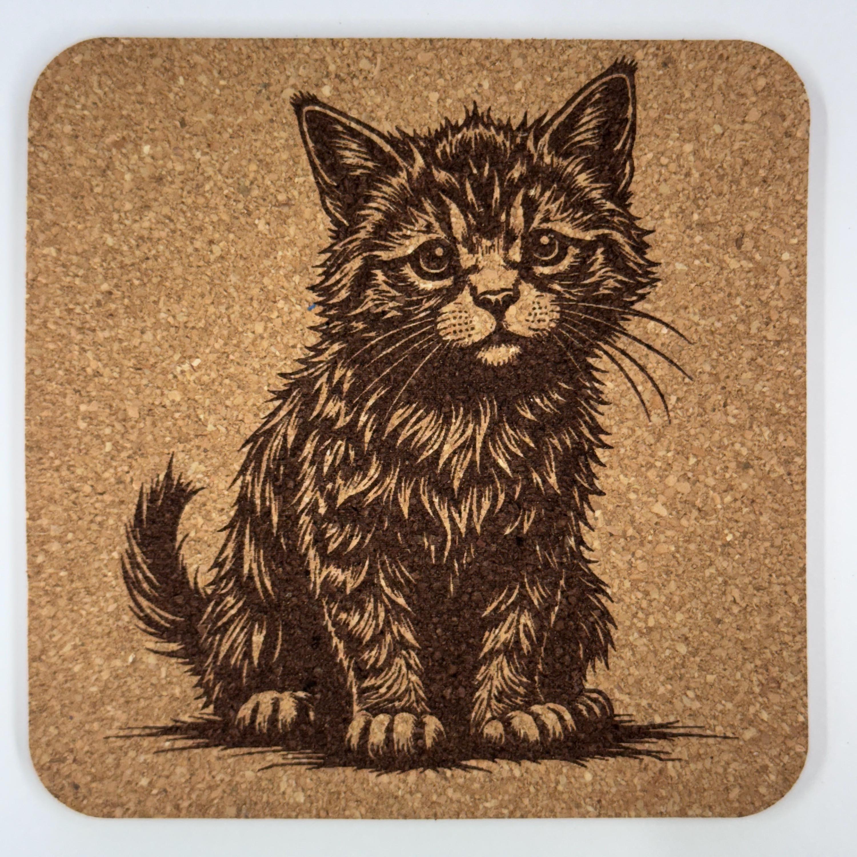 Fluffy Kitten Illustration – Rustic Cat Cork Coaster