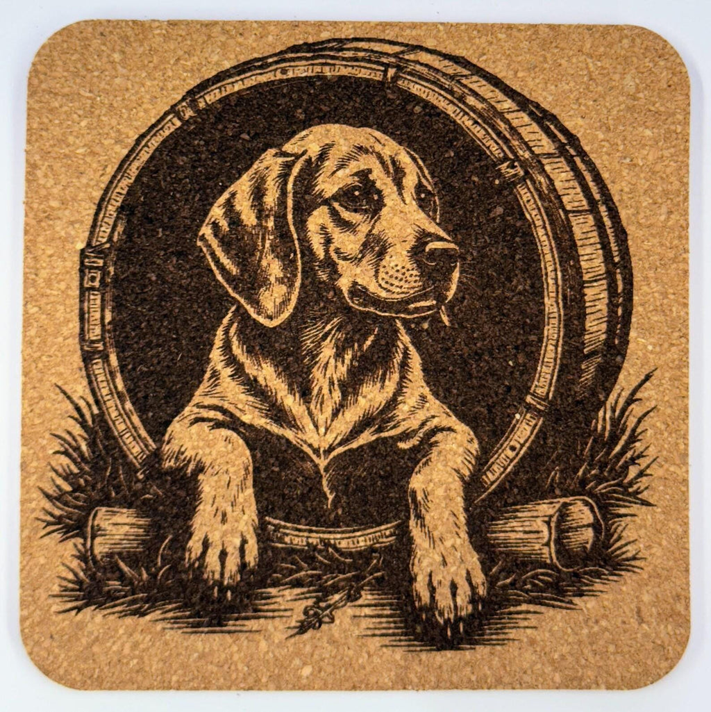 Curious Beagle in Barrel – Rustic Cork Coaster