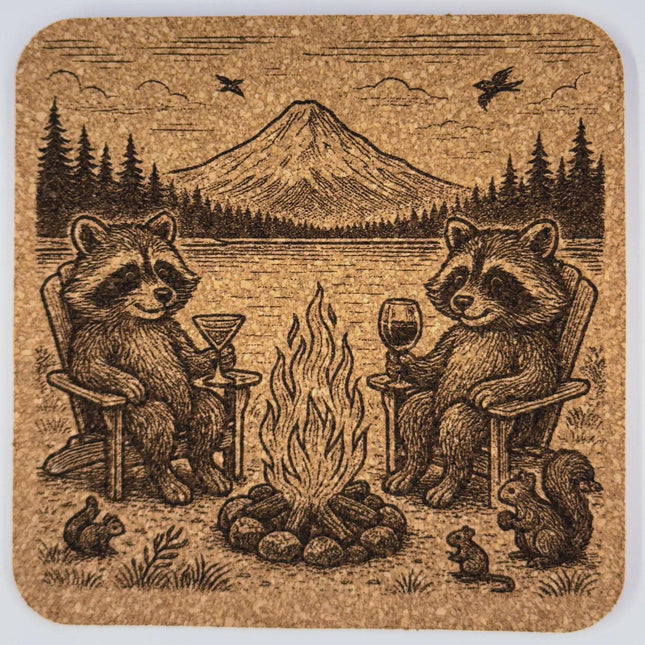 Relaxed Raccoons by the Campfire – Mountain Lake Sunset Laser Engraved Cork Coaster