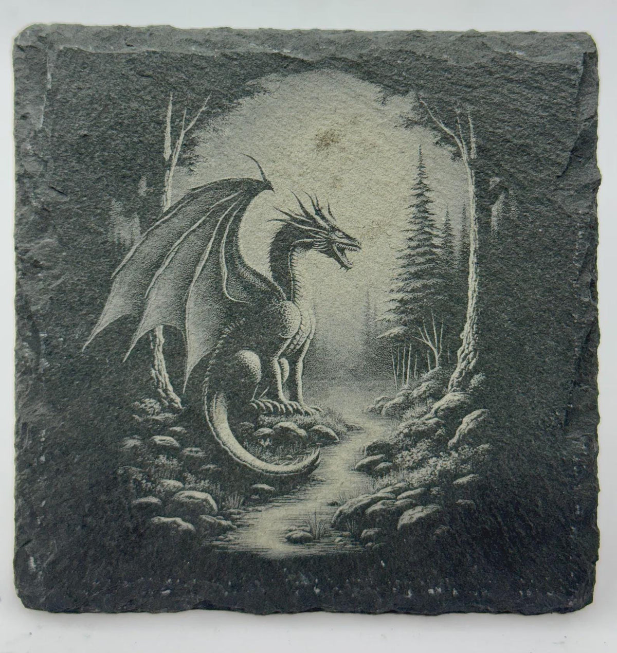 Forest Path Dragon Slate Coaster – Woodland Fantasy Dragon Scene