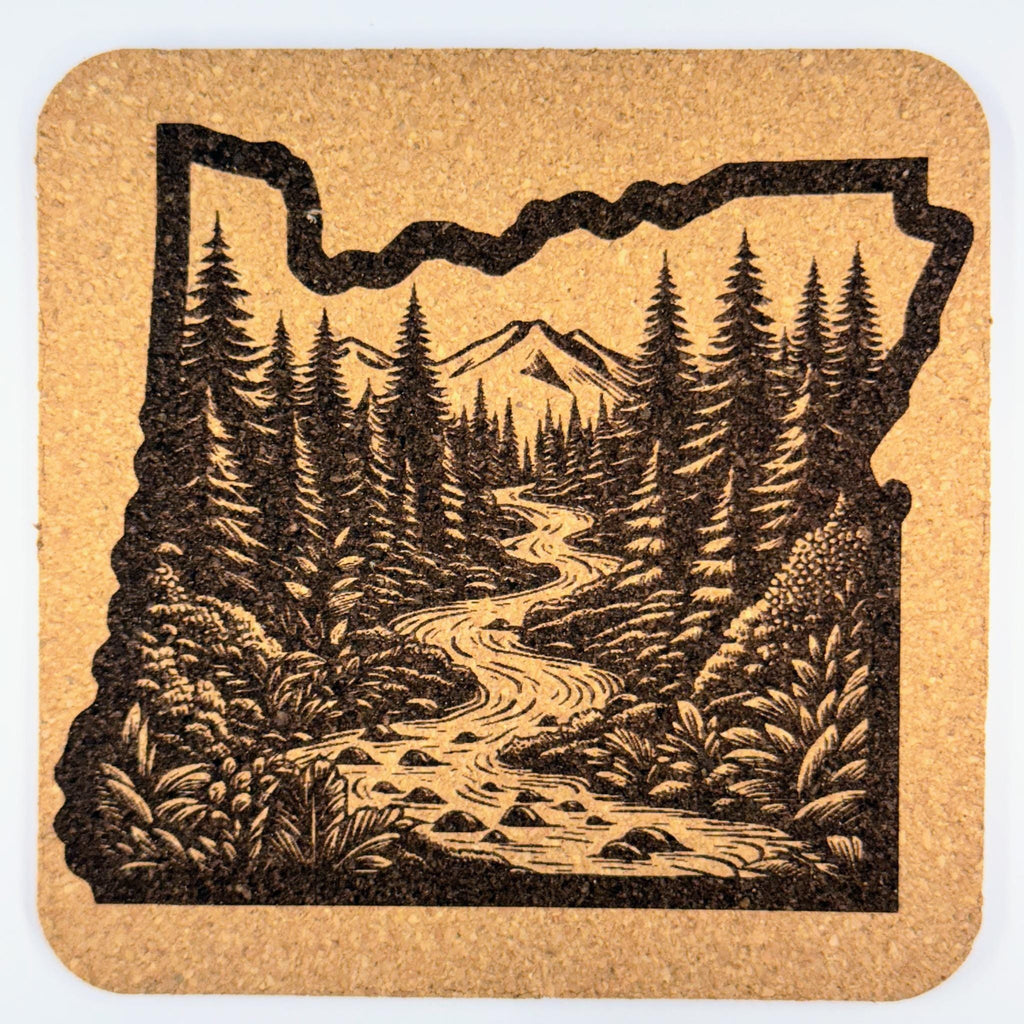 Oregon State River Coaster – Engraved Cork Drink Coaster with Forest & Mountain Scene