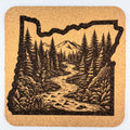 Oregon State River Coaster – Engraved Cork Drink Coaster with Forest & Mountain Scene