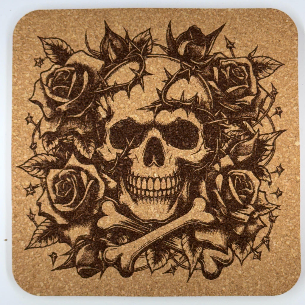 Skull and Roses Cork Coaster – Gothic Floral Skull Art