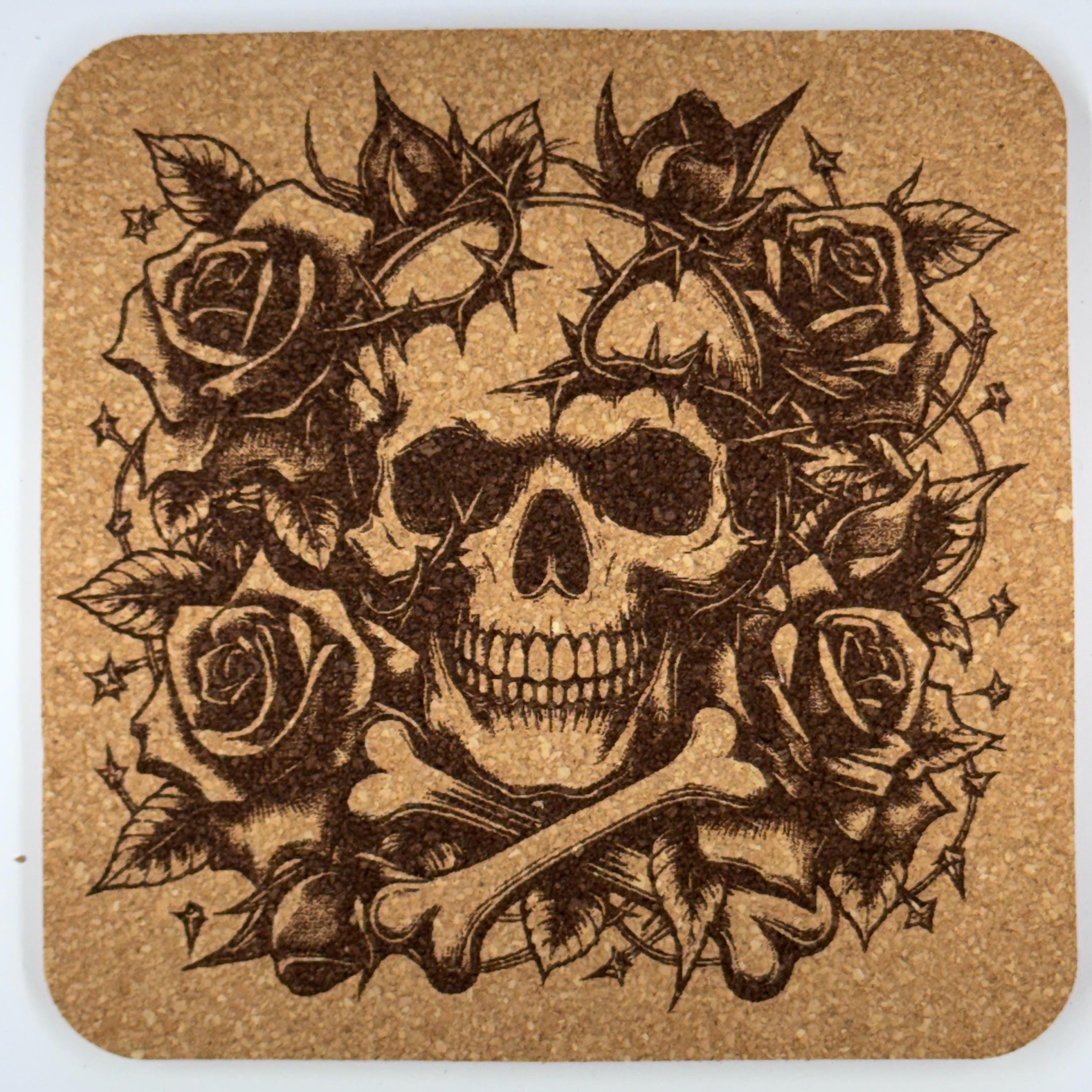 Skull and Roses Cork Coaster – Gothic Floral Skull Art