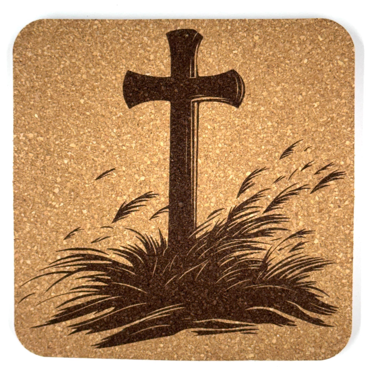 Hilltop Cross with Tall Grass Laser Engraved Cork Coaster