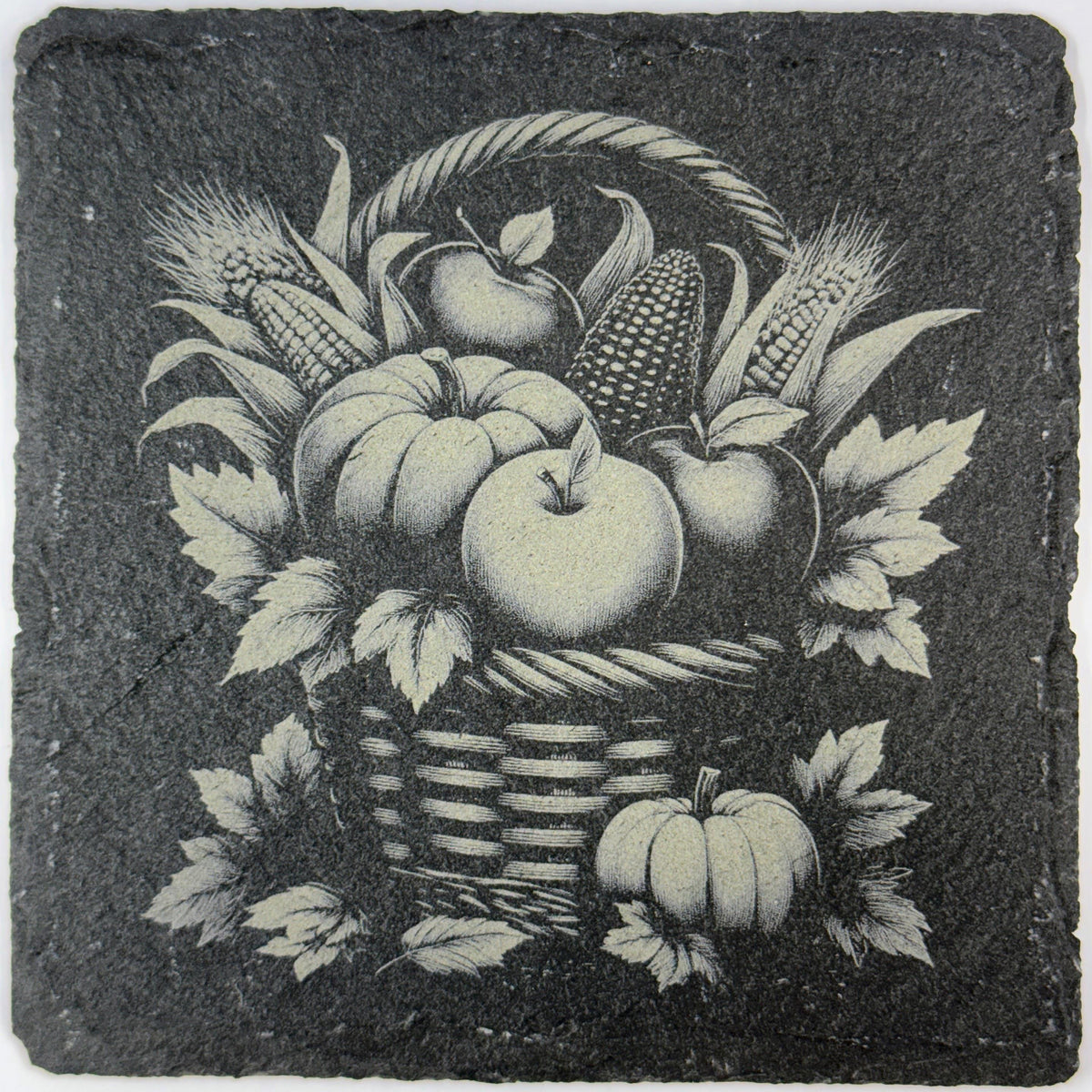 Harvest Basket Slate Coaster – Rustic Fall Fruit & Pumpkin Engraved Stone