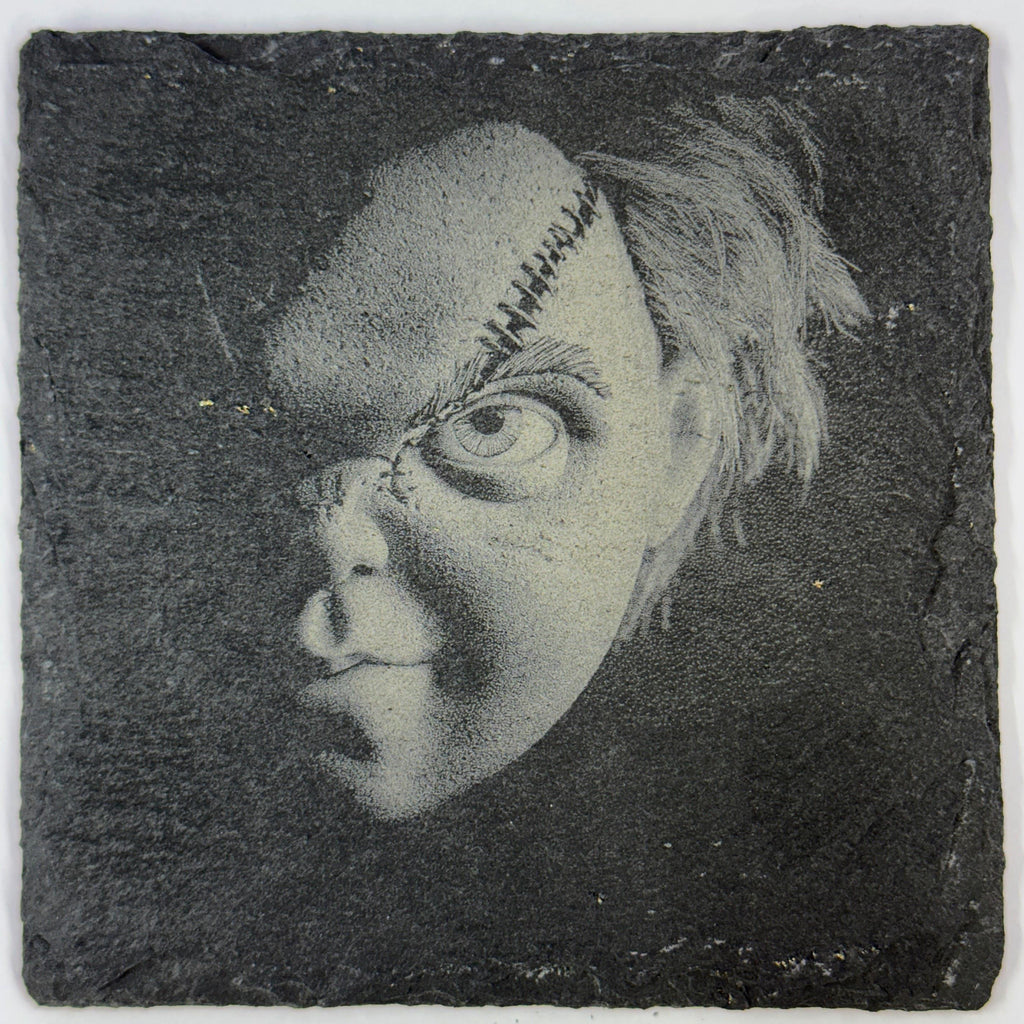 Stitched Doll Face Slate Coaster – Creepy Horror Portrait