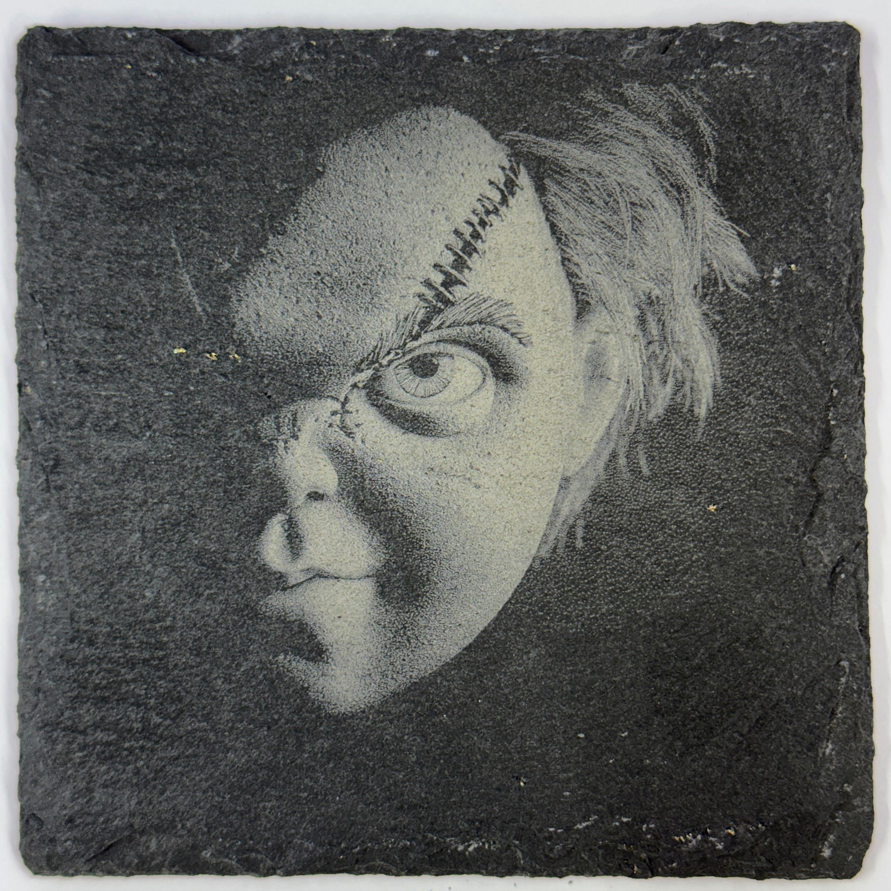 Stitched Doll Face Slate Coaster – Creepy Horror Portrait