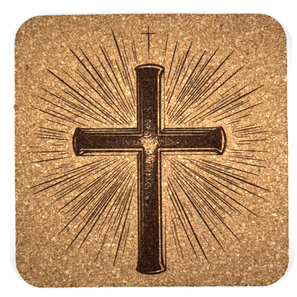 Radiant Sunburst Cross Laser Engraved Cork Coaster