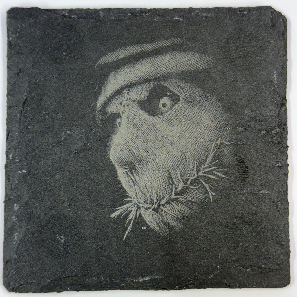 Rustic Stitched Scarecrow Slate Coaster – Dark Farmhouse Art