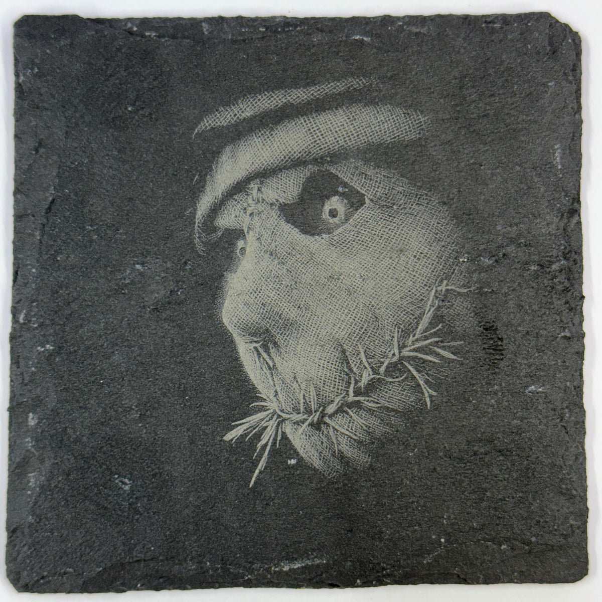 Rustic Stitched Scarecrow Slate Coaster – Dark Farmhouse Art